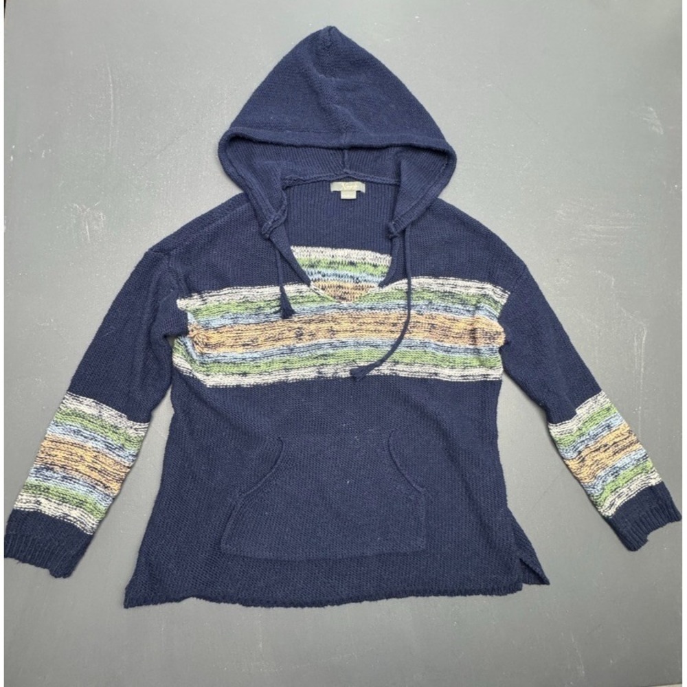 Natural Sweater Women's Medium Blue Hooded Pullover Knit Casual Cozy Style